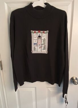 Vintage Christmas Sweater Lighthouse Womens Size XL NAUTICAL Holiday Black NWT